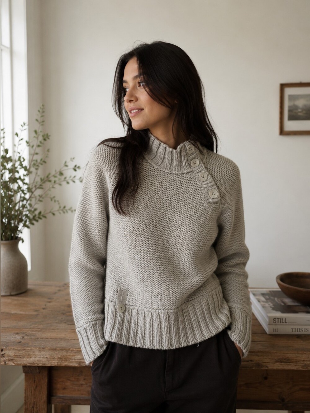 Lolë Chunky Knit Sweater,Cozy Button Collar,Cream,Size M